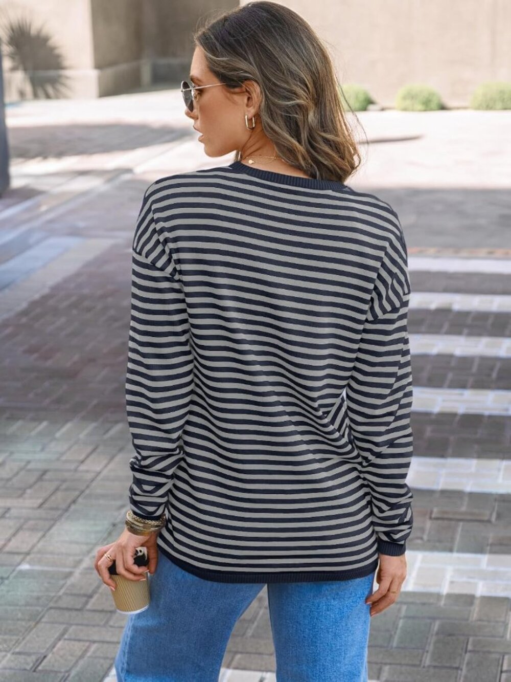 Womens Grey Striped Ribbed Cuff Oversized Crew Neck Long Sleeve Pullover Sweater - Picture 5 of 6